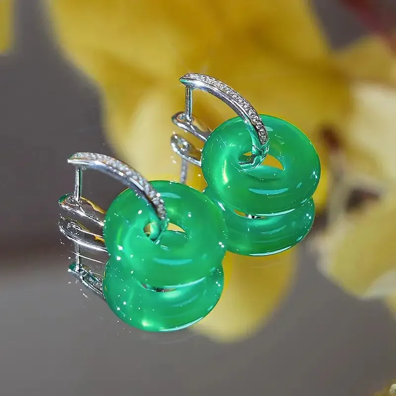 Silver-plated inlaid ice chalcedony earrings agate fashion national style earrings comparable to jadeite yang earrings