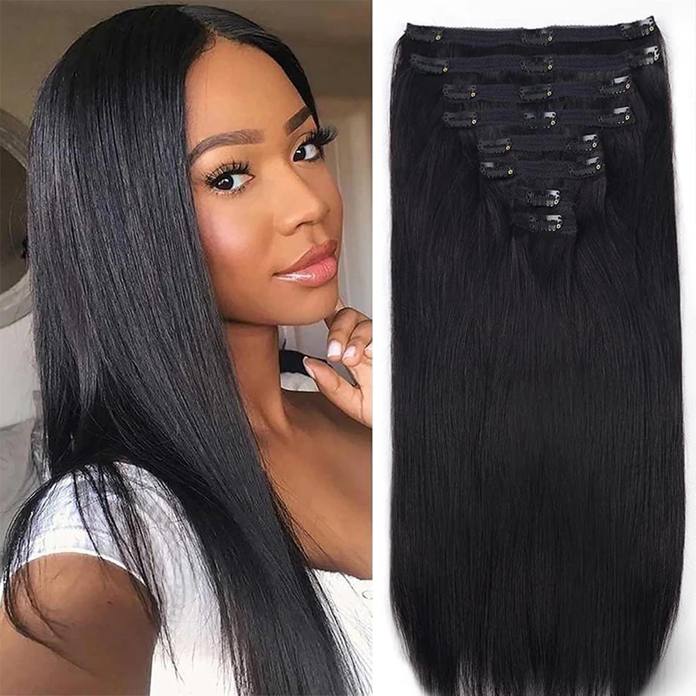 Straight Clip In Hair Extensions Human Hair Brazilian Virgin Hair Natural Black Hair Extensions 8Pcs Full Head For Black Women