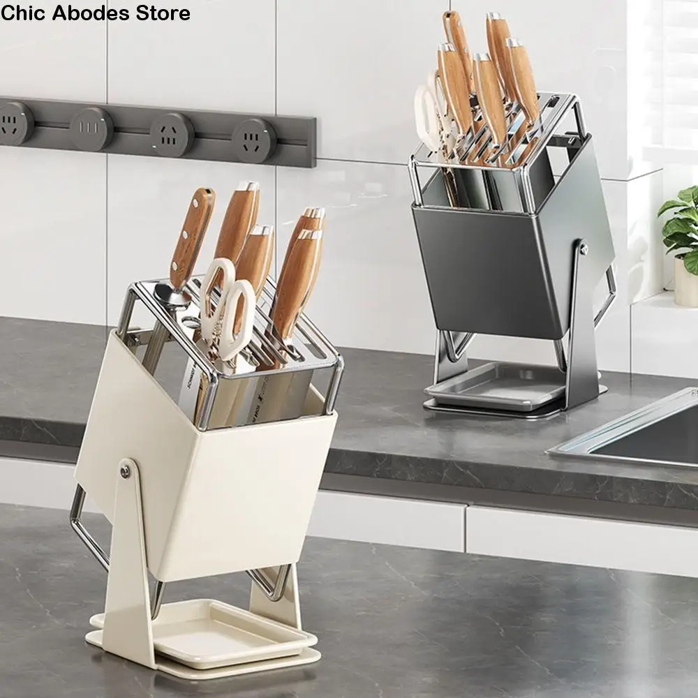 

Stable Stainless Steel Cutter Holder Anti-slip Rotatable Countertop Cutter Holder Large Capacity with Water Tray