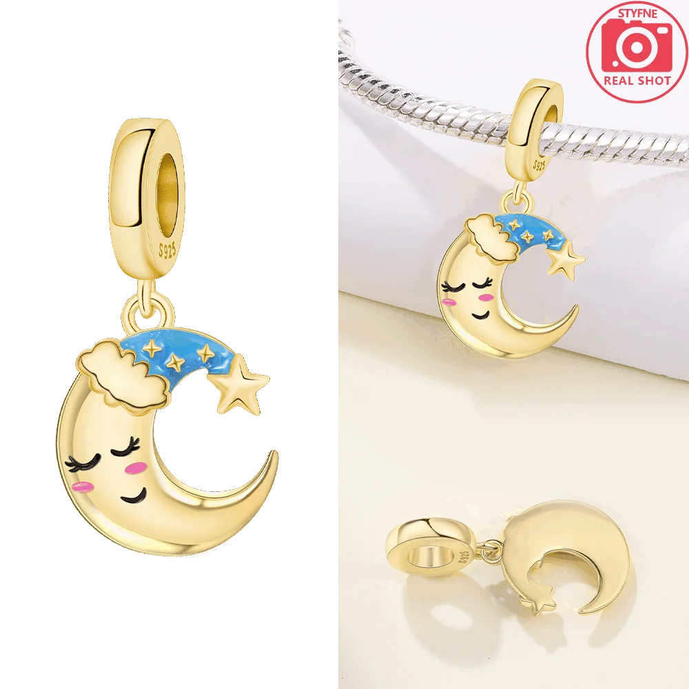 Exquisite Original 925 Silver Golden Adorable Moon Crown Safety Chain Cap Stars Rabbits Bead Fit Bracelet Women Jewelry Gift Diy