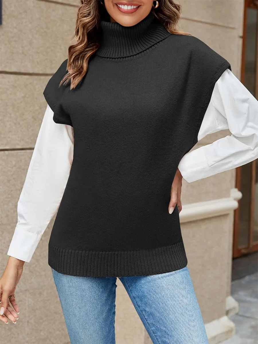 Women Autumn Winter Sweater Vest Solid Color Cap Sleeve Turtleneck Loose Fit Knitted Pullover Tank Tops