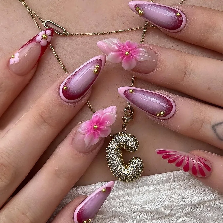 

24pcs Finished False Nails Press on Ins Pink Long Almond Nails Tips with Flower Pearl Design Fake Nail Wearable Manicure Sets