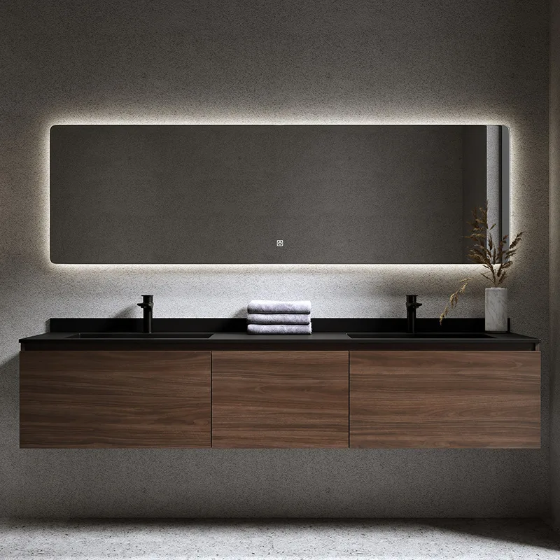 

Rock slab bathroom cabinet integrated double basin washbasin Nordic washbasin solid wood grain walnut
