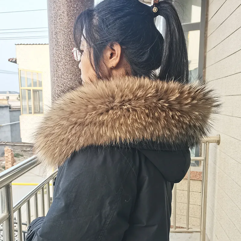 Women Natural Fox Fur Collar Winter Neck Warm Fashion Scarf Hoodie Fur Trim Genuine Raccoon Fur Hood Luxury Brand Fluffy Shawl