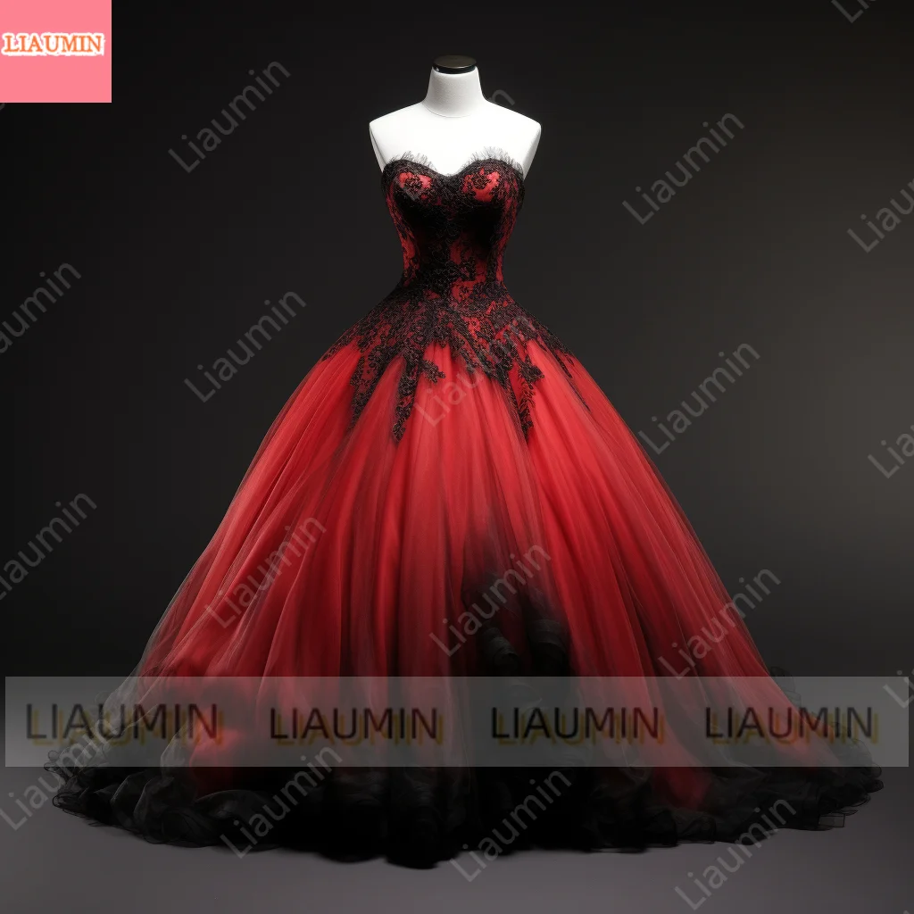 Red Tulle and Black Lace Edge Applique Straplress Full Length Lace Up Back Evening Dress Formal Occasion Elagant Clohing  W1-4