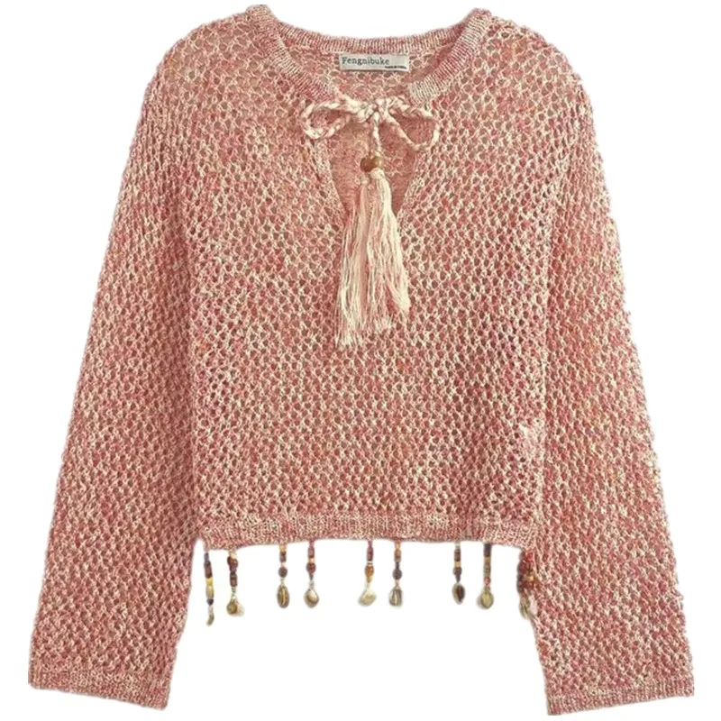 

Summer New Women's Knitted ell Fringe Knot Hollow out Design Sweater V-Ne Long Sve Loose Fit Color UYB950070