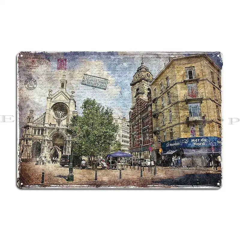 Sainte Catherine Brussels Forgotten Postcard Metal Sign Pub Club Create Designs Wall Decor Tin Sign Poster