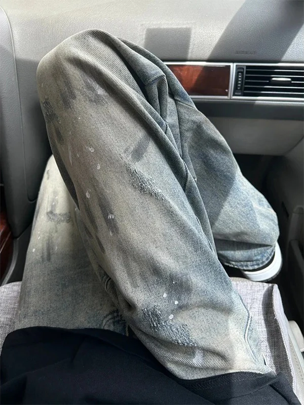 

Waed Vintage Men's Straight Leg Jeans American High Street Splatter Dye Loose Fit Jeans Youthful Wear Resistant Polyester