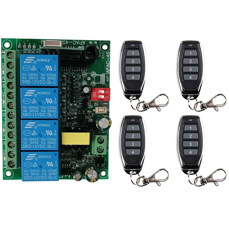 Universal AC110V 220V 230V 10A Relay 4CH 4 CH Wireless RF Remote Control Switch Transmitter+Receiver Module,315 / 433 MHz