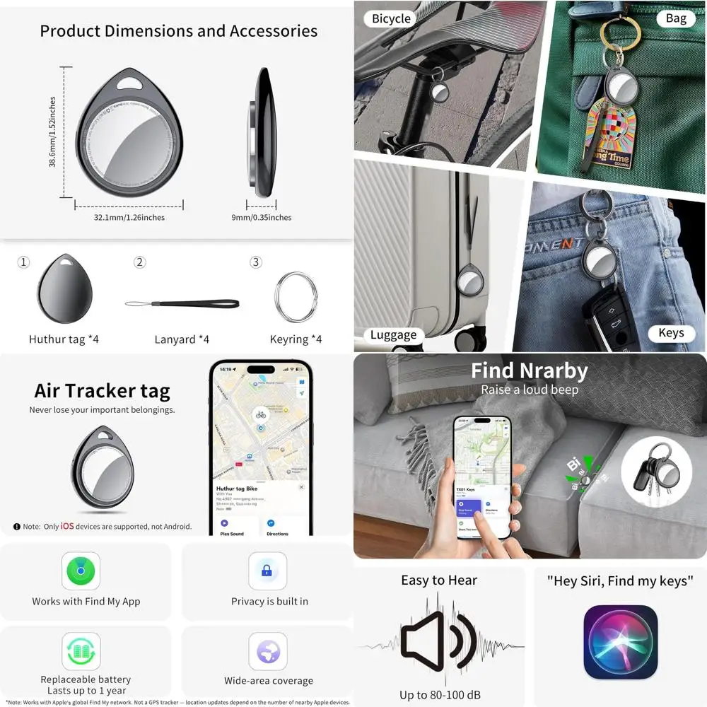 

Набор из 4 умных Bluetooth-трекеров с сигнализацией 100 дБ, совместимые с iOS, в комплекте брелок/ремешок, для отслеживания предметов, таких как ключи, багаж, др.