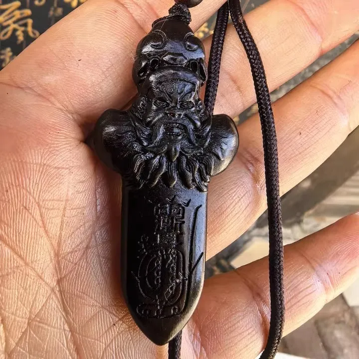 Old wood,relief of Zhong Kui,purple micro taboo golden light curse wooden sword pendant,warding off evil spirits