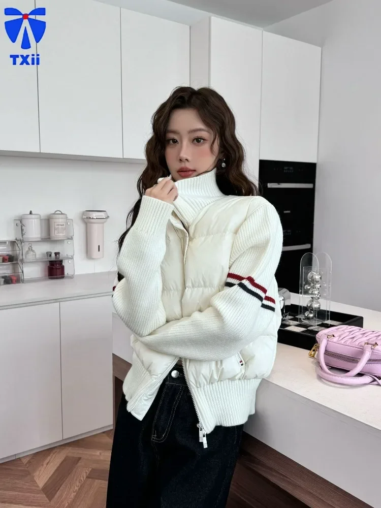 TXii Fashion High quality new four bar color sleeve knitted splicing 90 white duck down down jacket, casual college style jacket