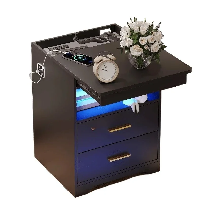 Living room smart bedside table with drawers, hidden compartment lock, wireless charging sensor design and Light Emitting Diode