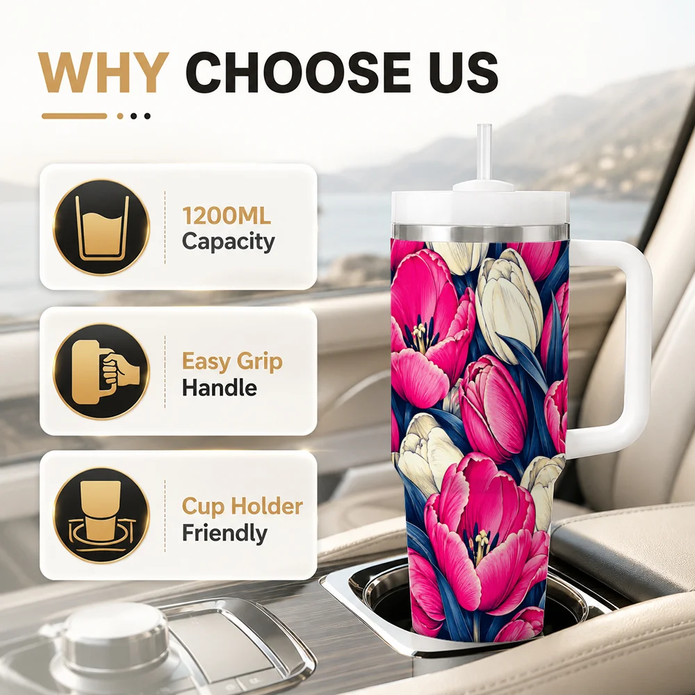 Pink Ivory Tulips Navy Leaves Elegant Botanical Vacuum Flasks 40oz Leakproof Steel Tumbler w/ Lid Straw Handle Hot Cold Drinks