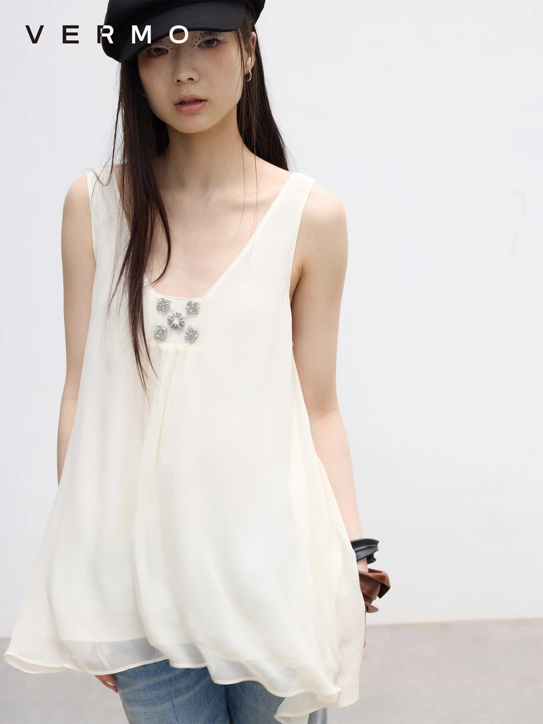 

VERMO Moonlight White Tea Handmade Bead Decoration Vintage Lightweight Silk Texture Top Relaxed Fit Casual Style Sleeveless V...