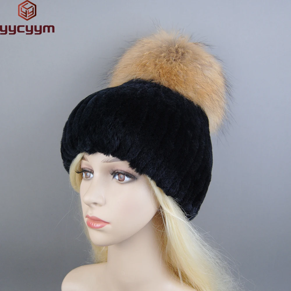 New Winter Warm Real Rex Rabbit Fur Hats Beanies 100% Natural Fur Caps Fashion Knitted Genuine Fur Hat With Raccoon Fur Ball