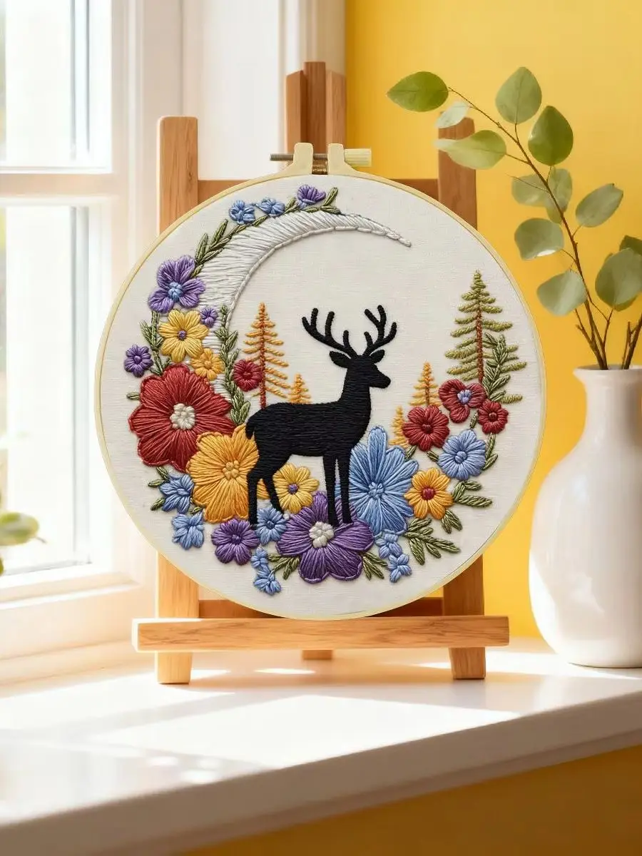 1 Stück 20x20 cm/15x15 cm Elch-Stickerei-Starter-Kit DIY-Kit DIY-Stickerei-Set Handarbeiten Heimdekorations-Set für Anfänger – Detail 6