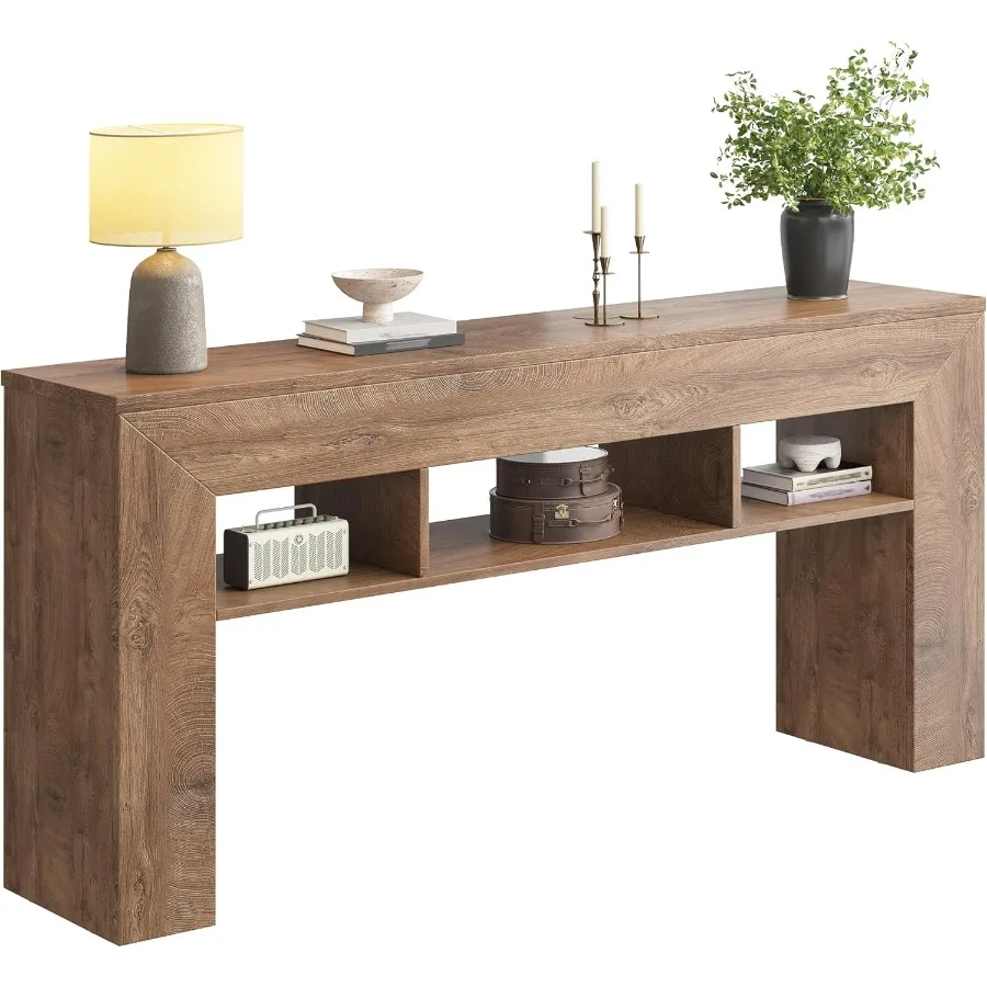 طاولة وحدة تحكم طويلة 63 بوصة للمدخل مع 3 أرفف تخزين مفتوحة وطاولة أريكة خشبية خلف الأريكة وممر المزرعة Ta