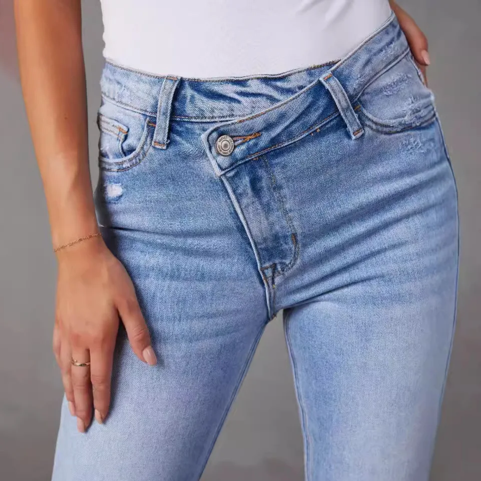 Nouveau femmes Stretch coupe ajustée bleu clair haute qualité jean taille haute décontractée dame femme pantalon en Denim droit