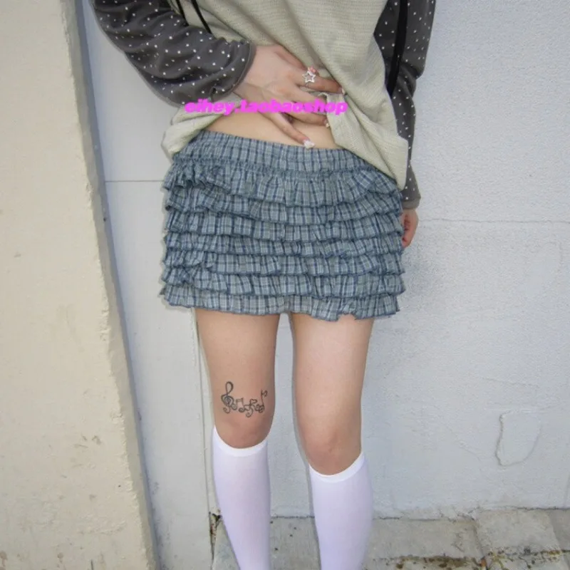 

Korean Retro Pleated Sexy Slim Cake Skirt Women 2025 Summer New Streetwear High Waist Contrast Color Plaid Mini Skirt