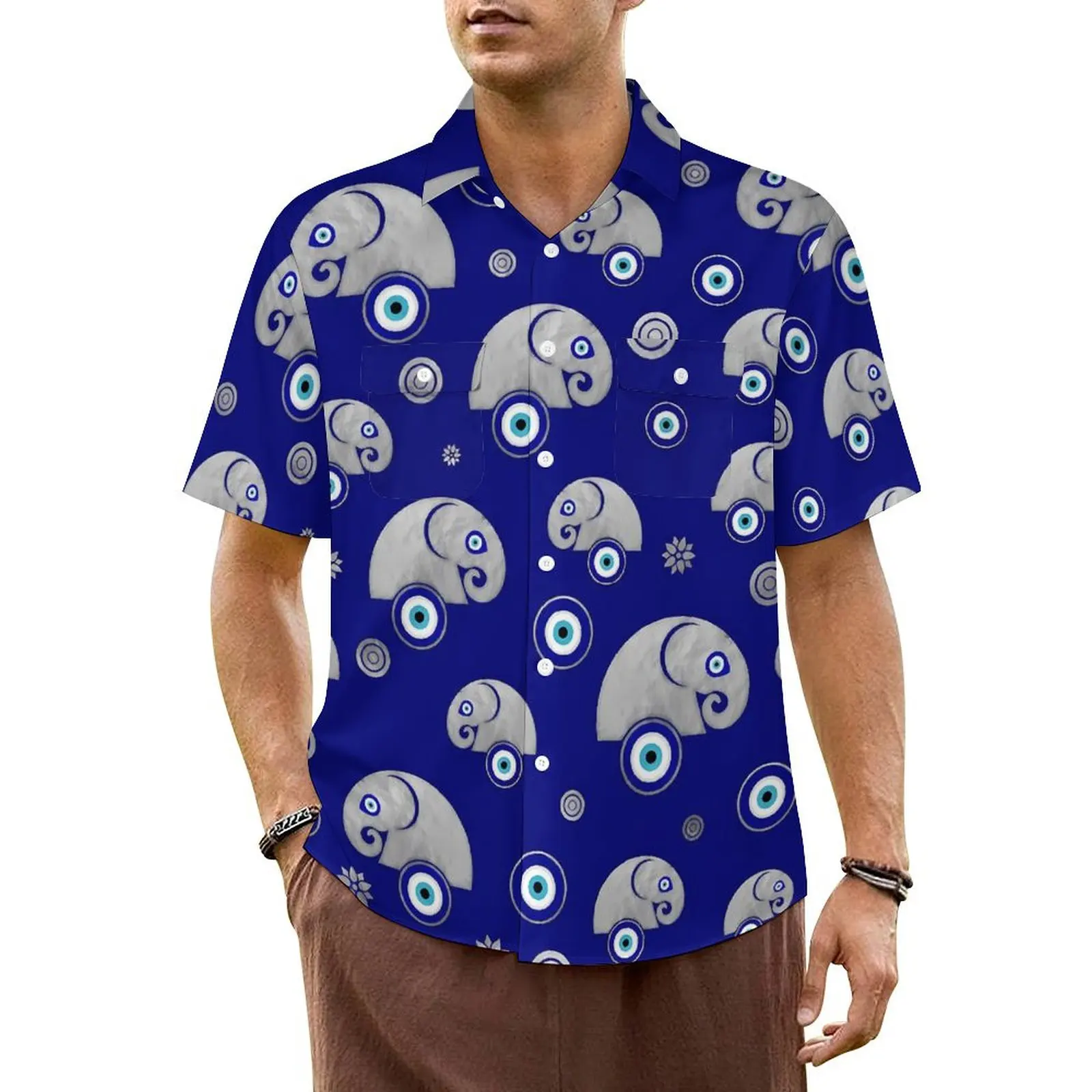 

Hawaiian Shirt Vacation Elephant Evil Eye Blouses Animal Print Elegant Casual Shirts Mens Short Sleeve Fashion Oversized Tops