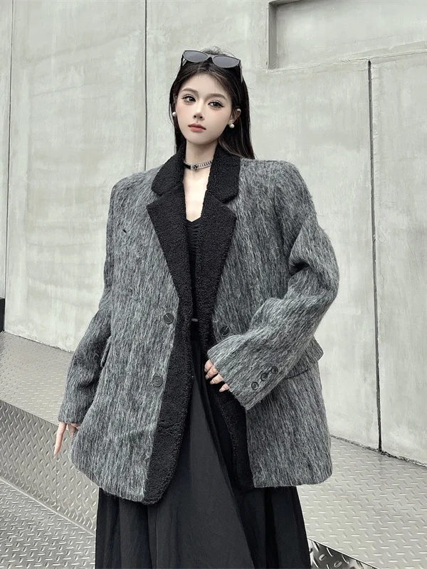 

2025 New Design Double Row Button Thiened Medium Length Color Blo Long Woolen Suit Jaet Coat for Women Winter Faion