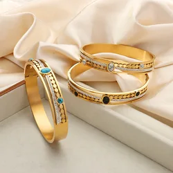 Inlaid Turquoise Stainless Steel Bracelet For Women Gold-Plated Hollow Women's Hand Bracelets Simple Elegant Geometric Bangle