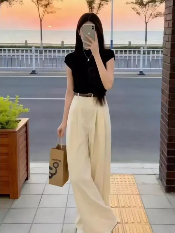 

Korean Style T-Shirt Top And Wide Leg Pants Set High Waist Summer Fashion Outfit Elegant Personality Women's Two-Piece Suit