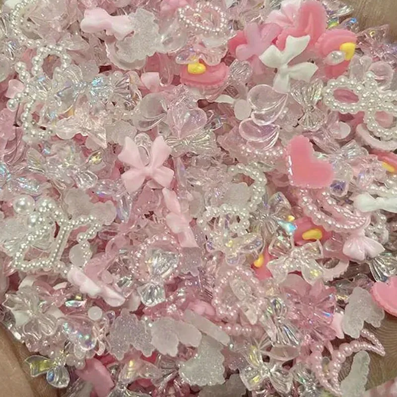 50Pcs Pearl Pink Bowknot Heart Shaped Rhinestones Mixed Nail Decorations Kawaii Flowers Butterfly Charms DIY Nail Accessories