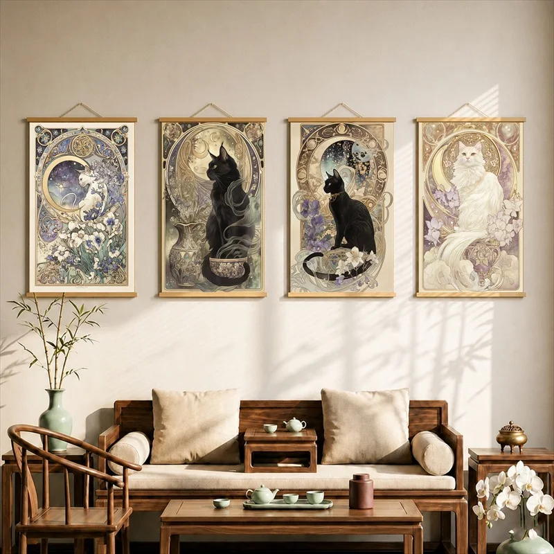 Wall Decorations Mystical Cats and Celestial Flowers, Pearlescent Canvas Hanging Scroll for Perfume Testing Zone Decor