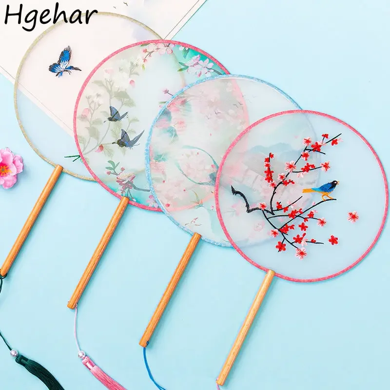 Translucent Embroidered Silk Hand Fans Fairy Chinese Style Retro Dance Round  with Tassel Portable Long Handle Decorative