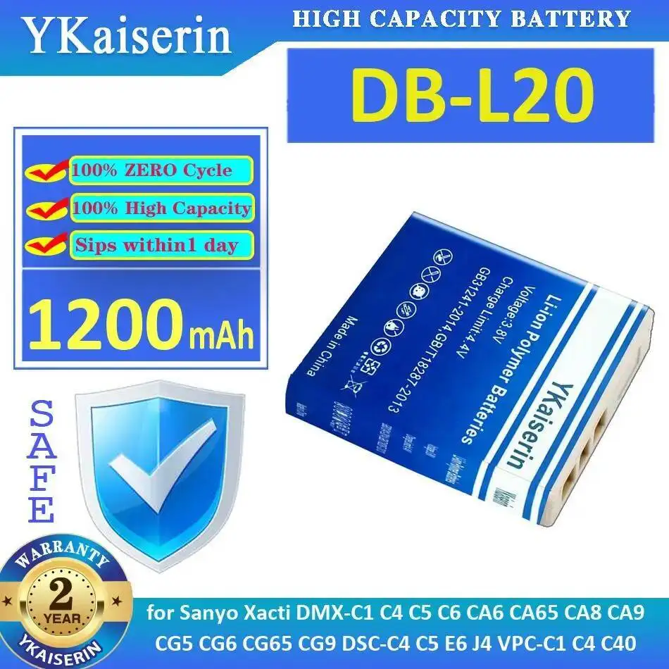 

Camera Battery DB-L20 1200Mah For Sanyo Xacti Dmx-C1 C4 C5 C6 CA6 CA65 CA8 CA9 CG5 CG6 CG65 CG9 Dsc-C4 E6 J4 Vpc-C1 C40