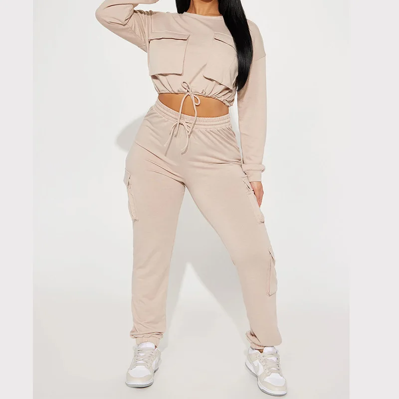 Elastic Sweatsuit Women\'s Round Neck Drawstring Waist-Controlled Lace-up Exercise Casual Pants Fashion Solid Color Two-Piece Set