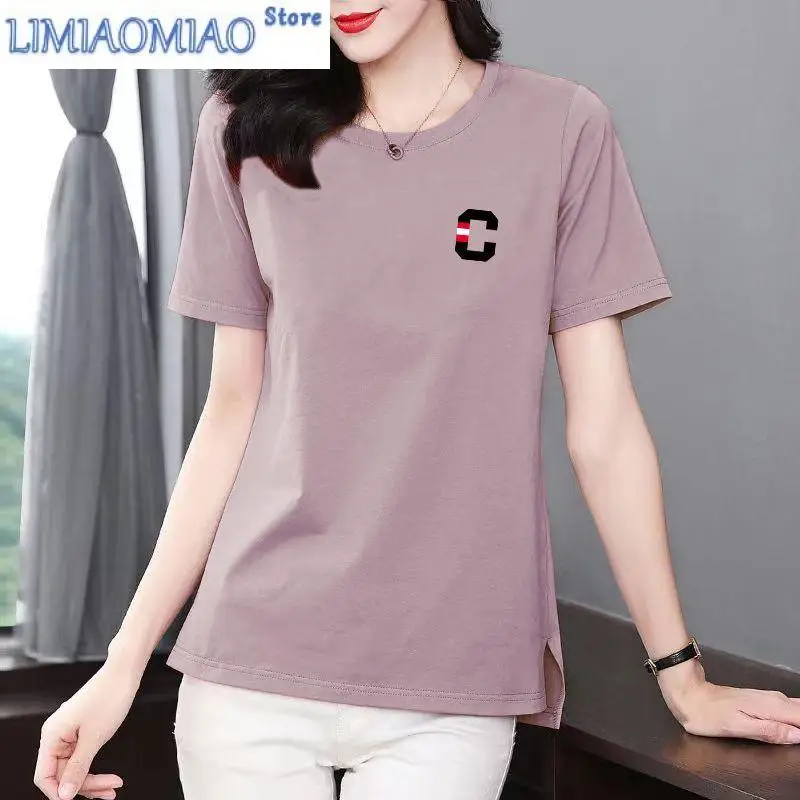 

New Summer Cotton Printing Letter Mid Length Version T-shirt Women High Quality Short Sleeve O-collar Loose Vent Lady Casual Top