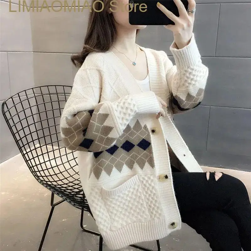 New Diamond Plaid Vintage Long Sleeve Acrylic Knitted Single Breasted Loose Women Sweater Korean Fashion Cardigan Autumn Winter