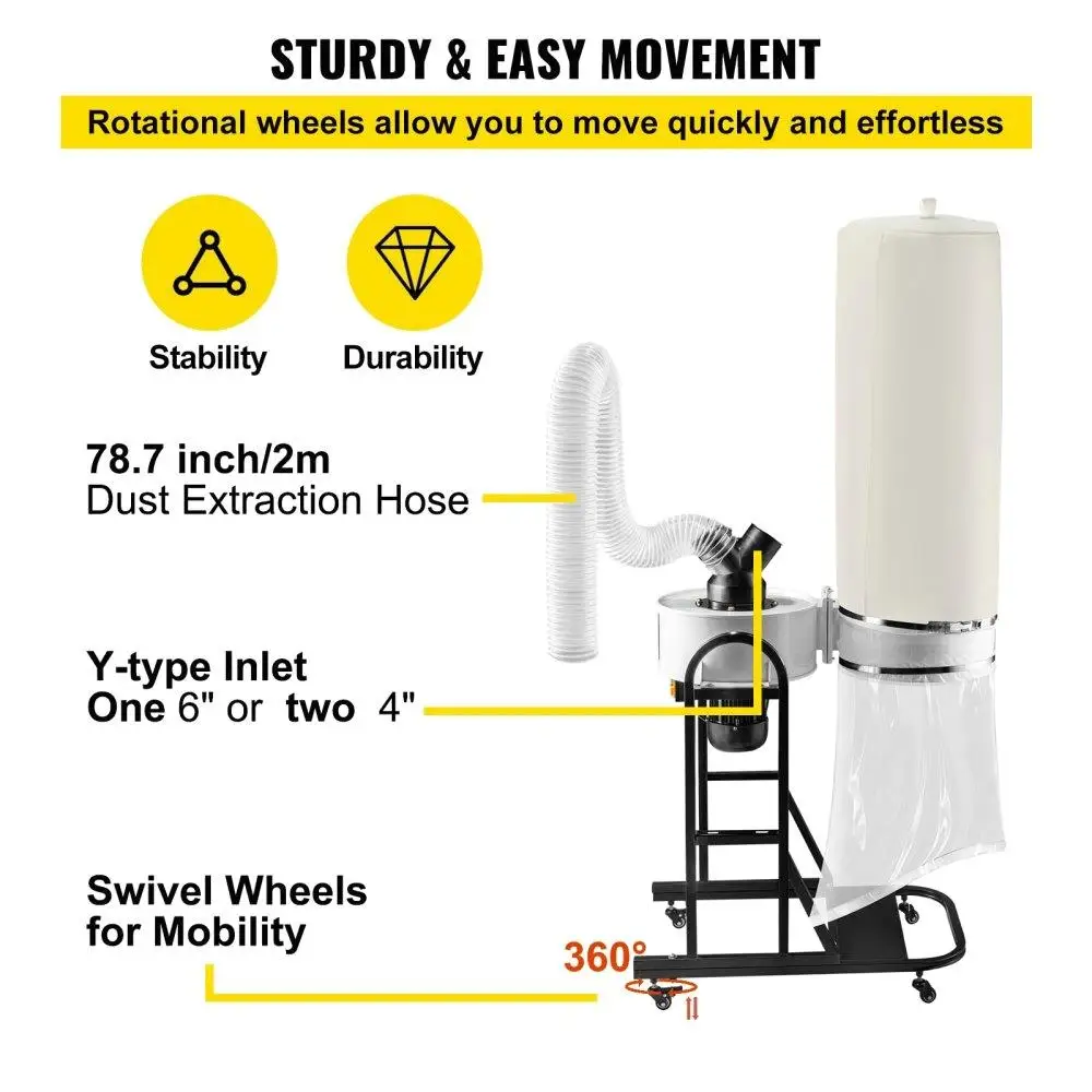 1.5 Portable Vortex Dust Collector, 647 CFM Woodworking System with 13.2-Gallon Bag & Mobile Base, 220V, 25-Micron Canister