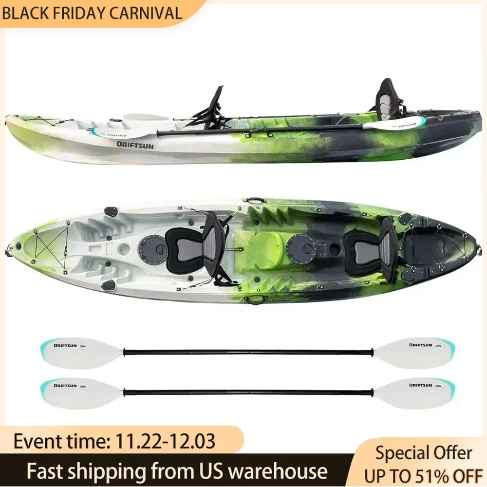 Hard Shell Kayak, 2 or 3 Person Sit on Top, 2 EVA Padded Seats, 2 Aluminum Paddles and Fishing Rod Holder Mounts, Kayak