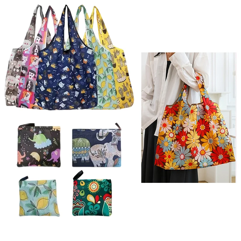 5Pcs Reusable Grocery Bags Portable Foldable Shopping Bags Random Vibrant Patterns Large Capacity Storage Bags for Daily Use ZYF
