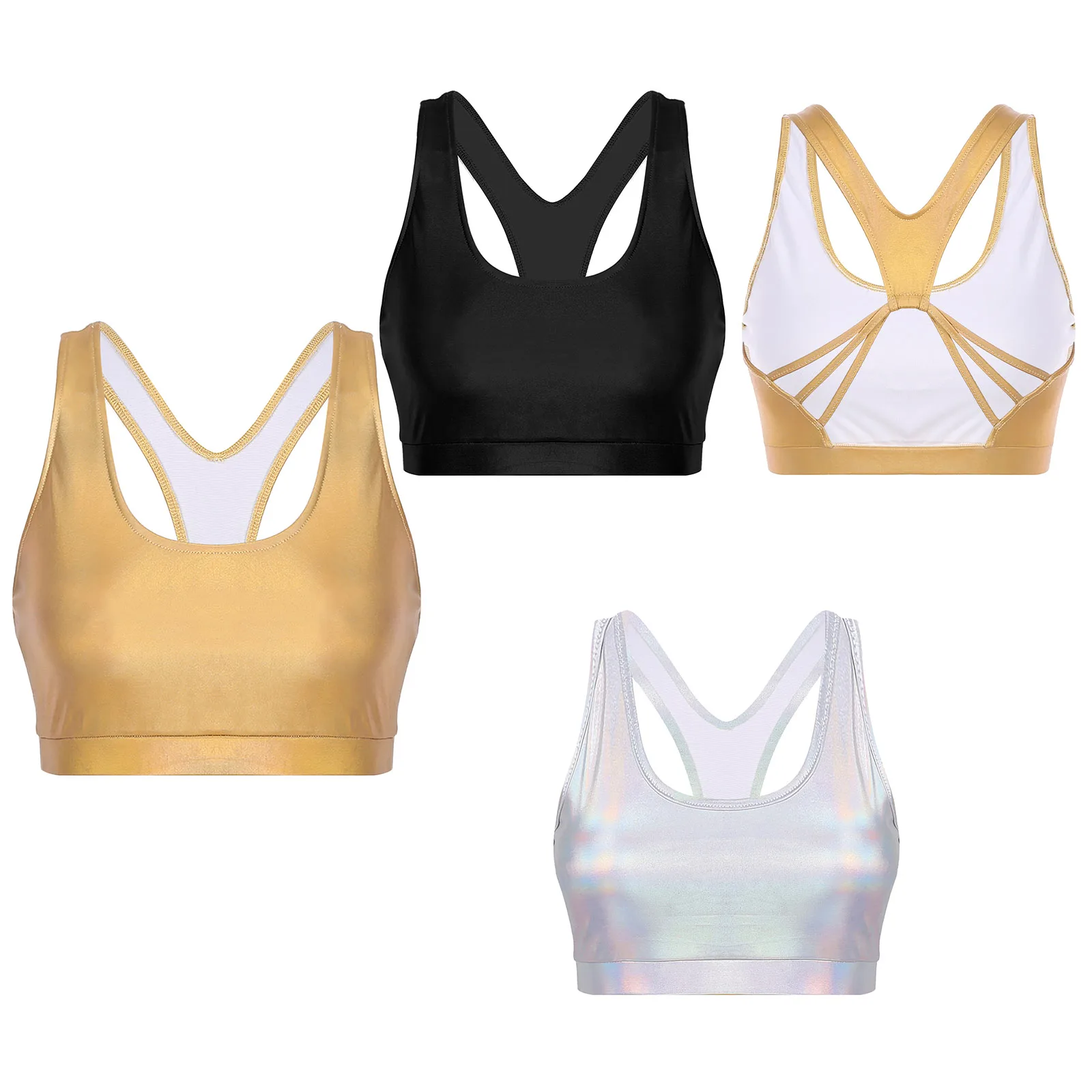 Fashion Womens Tank Tops Metallic Shiny Cutout Back Crop Top Sports Gym Yoga Vest Solid Color U Neck Sleeveless Dance Costume