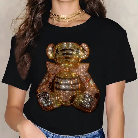 여성용 반팔 핫 스탬핑 다이아몬드 플래시 다이아몬드 티셔츠, 컬러 다이아몬드 플라워, 용수철 및 여름, 핫 세일 Best5