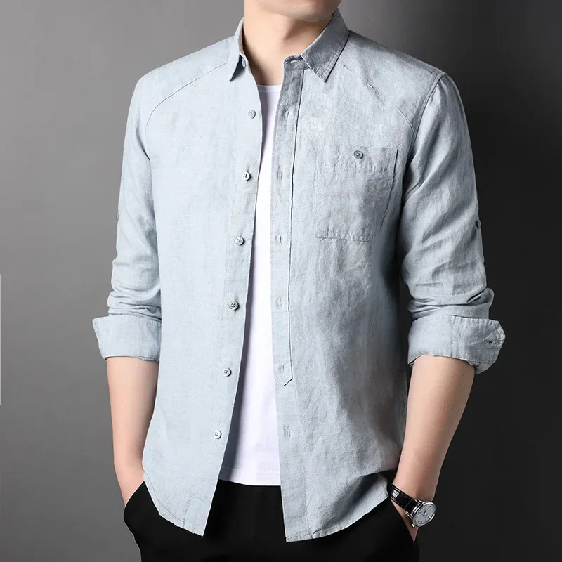 Spring Summer 2025 new high-quality men's fashion handsome casual business V-neck shirt fabric composition Linen 100%