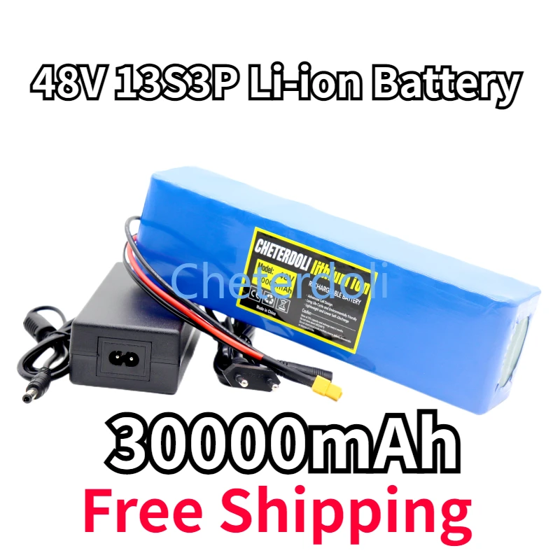 48V Battery 30000mAh 13S3P XT60 18650 Lithium Ion Battery Pack 30Ah for 54.6v E-bike Electric Bicycle Scooter with BMS Charger