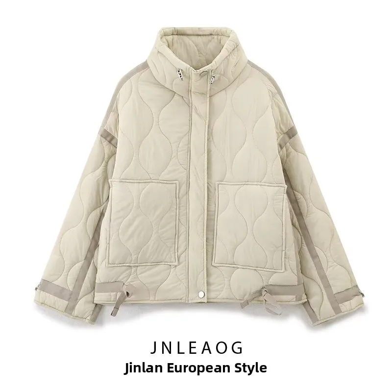 

Faionable Cotton Jaet Coat for Women with Knot Design Street Sle Long Sve Zipper Closure round Neline