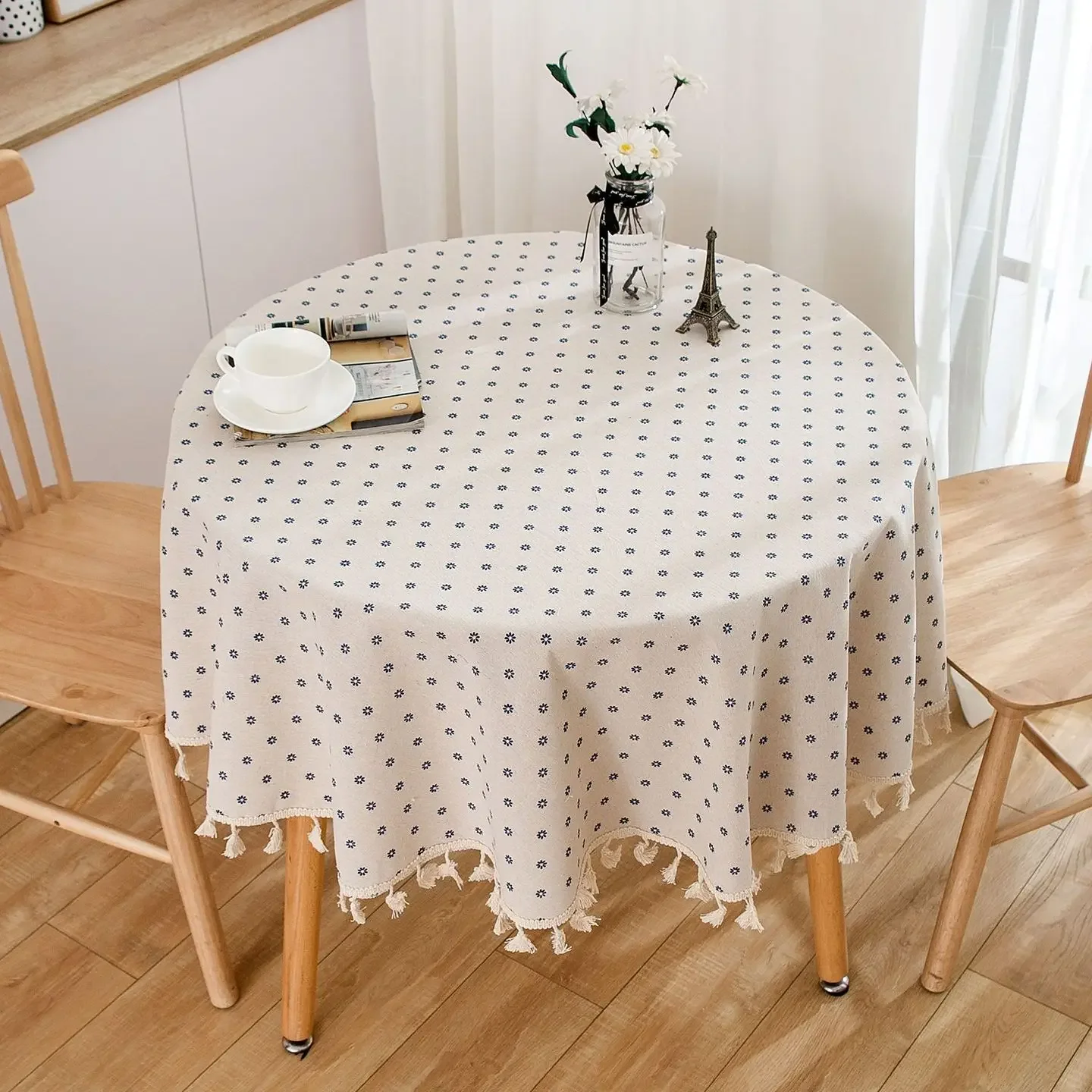 Cotton Linen Table Cloth Round Tablecloth with Tassel Dust-Proof Floret Circular Table Cover for Kitchen Dinning Tabletop Decor