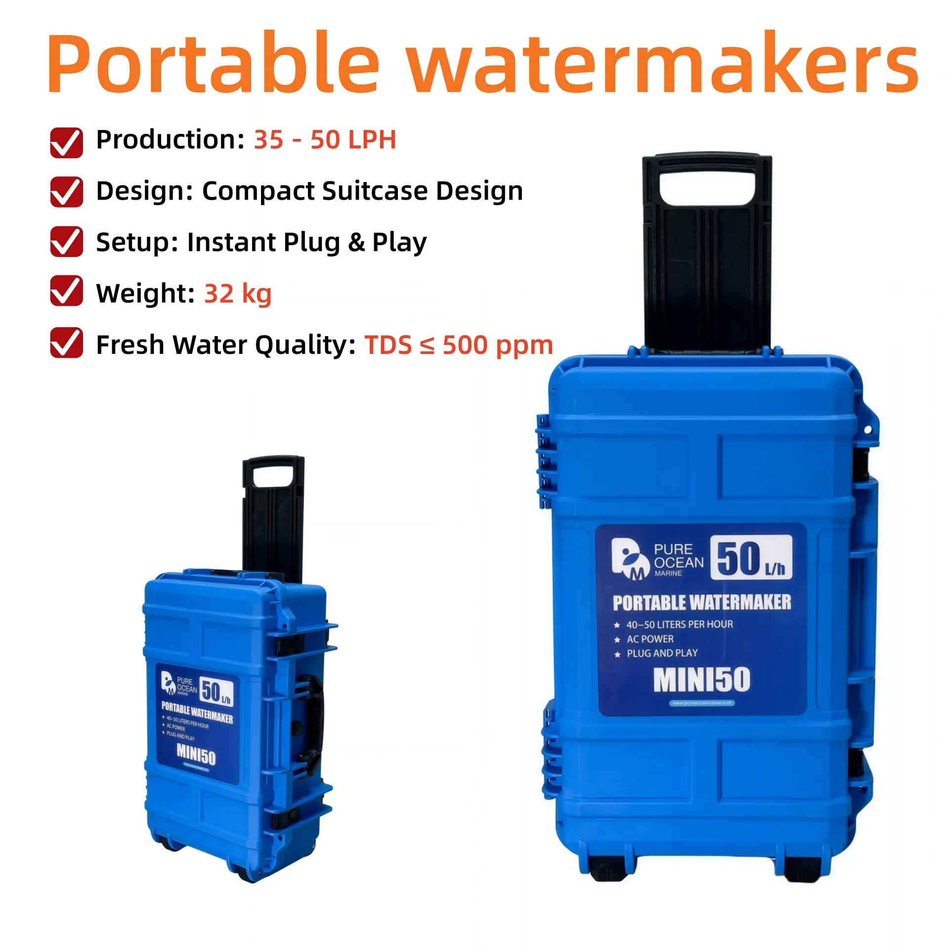 PureOceanMarine Portable Marine Watermaker 24Inch Trolley Desalination Unit for Yachts and Boats, Freshwater Machine