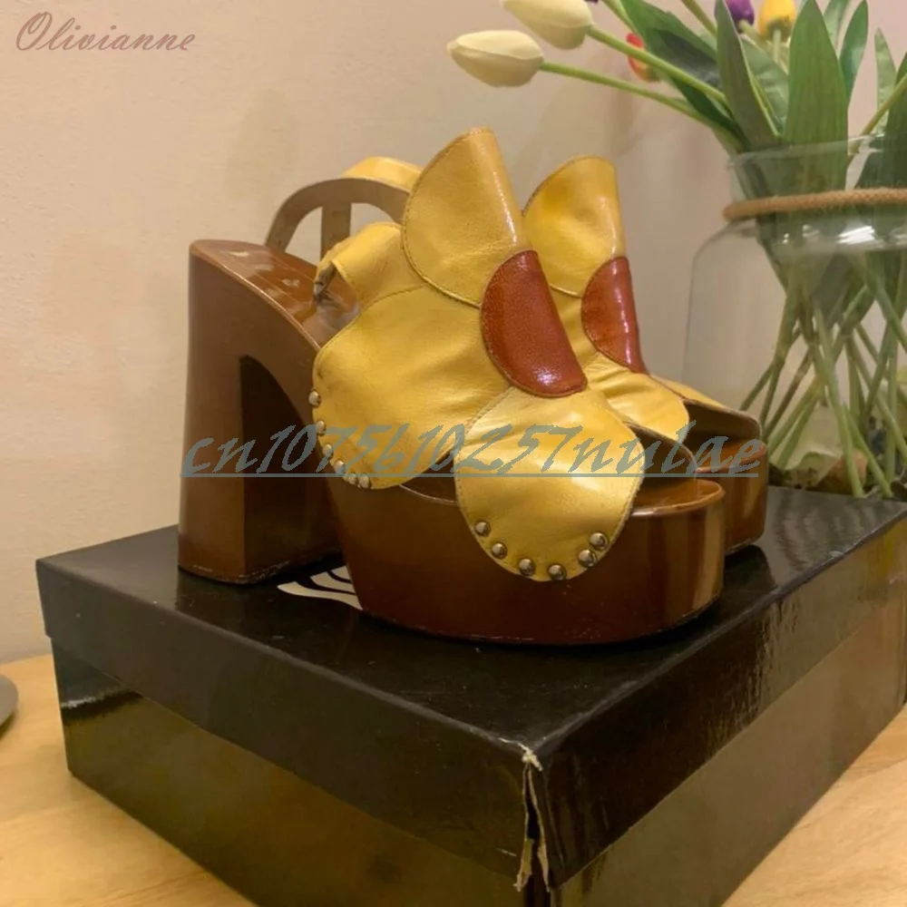 

Front Yellow Flowers Design Open Toe Pumps Chunky High Heel PU Leather Slingback Women Sandals Shoes Retro Elegant 2026 New