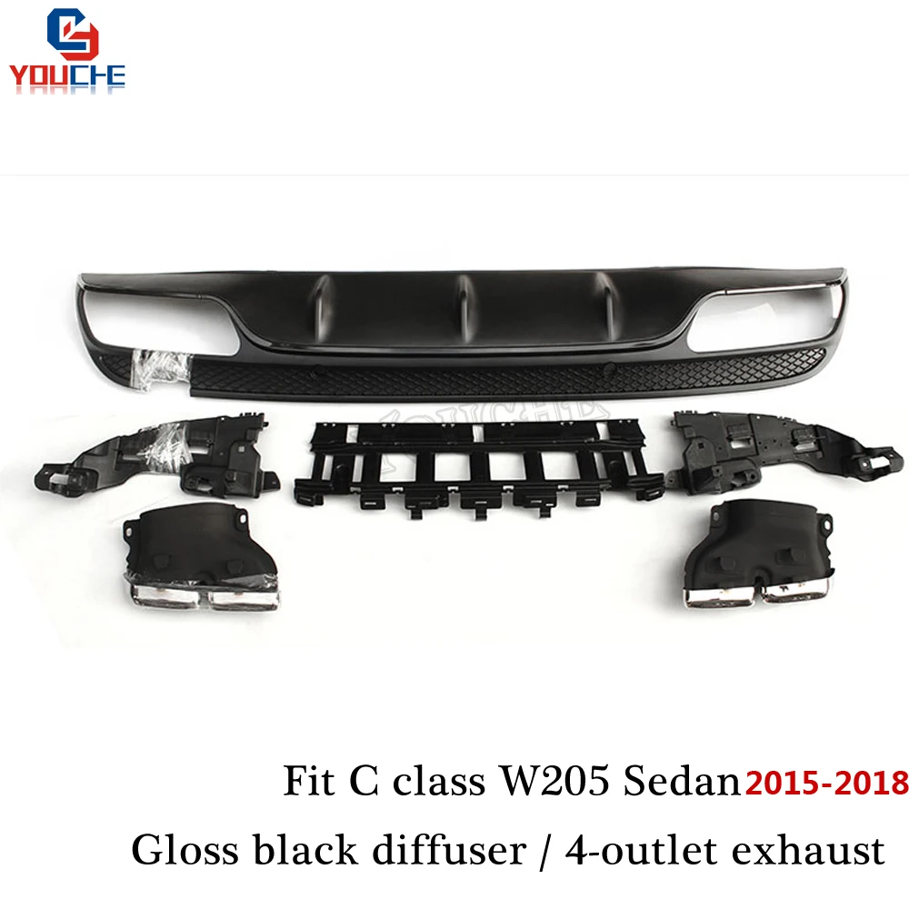 W205 AMG C63 Style Rear Diffuser with 4-outlet Exhaust Tips for Benz C Class Sedan Wagon with AMG Package S205 2015 - 2018