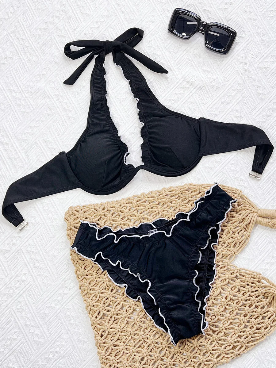 

Женский купальник с рюшами и лямкой на косточках, V-образный вырез, женский купальник, комплект бикини из двух частей, бразильский купальный костюм для плавания