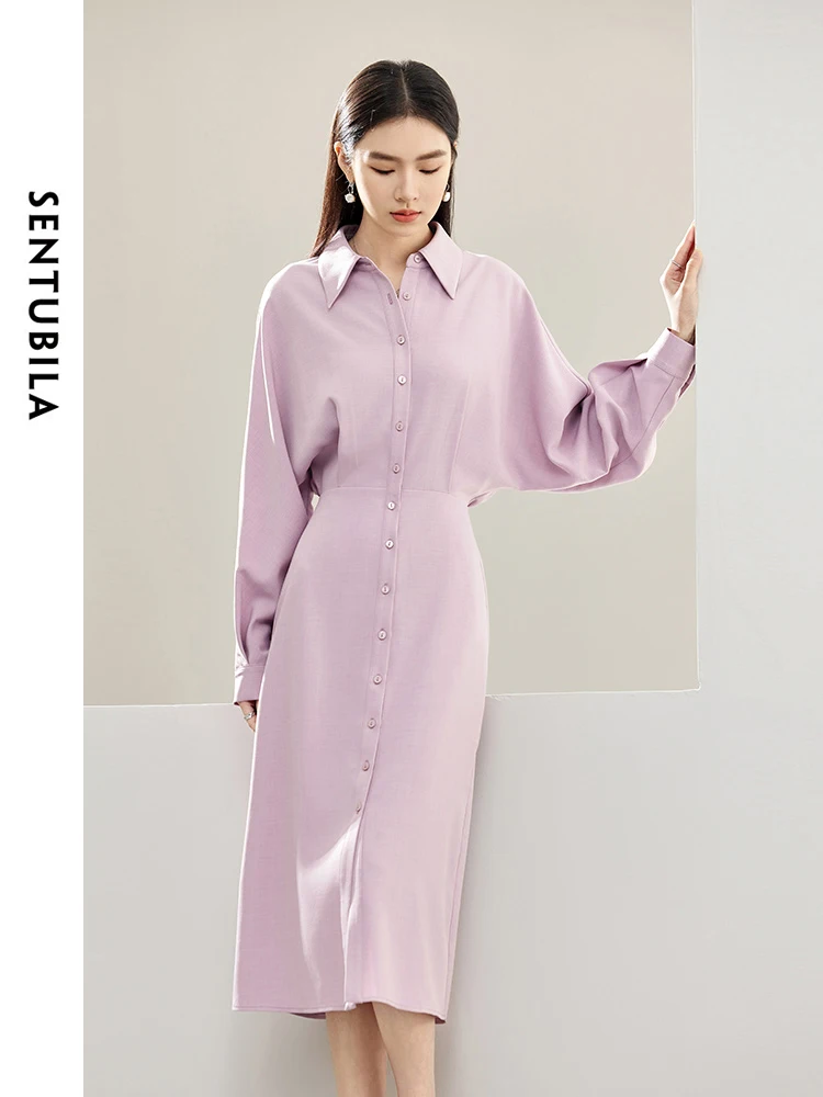 SENTUBILA Batwing Sleeve Shirt Dress for Women 2024 Autumn Elegant Fashion Elastic Waist Button Down Midi Dresses Lady 141L53441