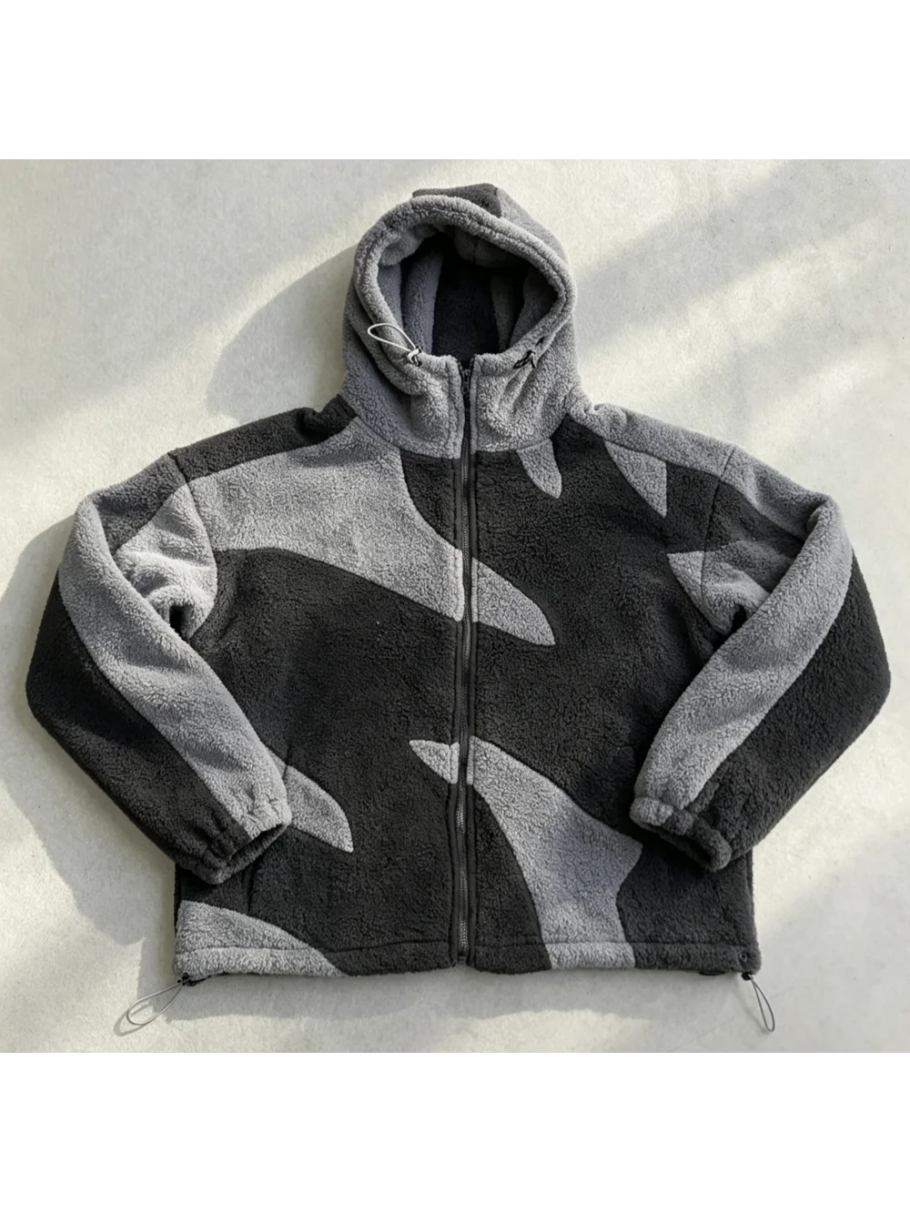 2026 new autumn and winter color blocking splicing lamb wool hooded jacket with full zipper plush loose street trend unisex ins